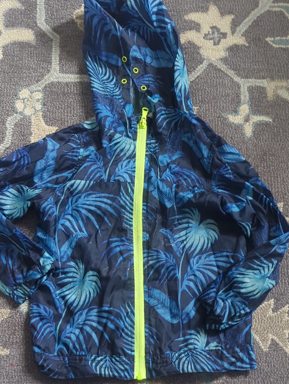 Anniel Kids Navy Tropical Hooded Swim Jacket with Neon Yellow Zipper